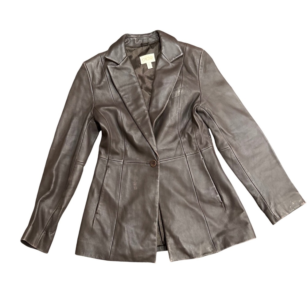 Cache Vintage Brown Leather Blazer Single Button Tailored Jacket Womens 6 Y2K